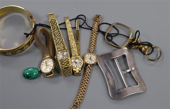 Four ladys wrist watches, a silver nurses buckle, malachite stone, bangle and magnifying glass.
